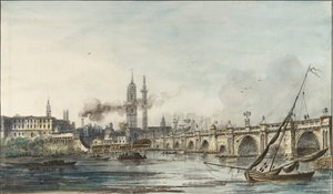 Utsikt över Themsen mot kyrkan St Magnus och monumentet, sent 1700-tal av Louis Bélanger