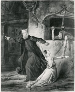 Sachette, Esmeralda och Claude Frollo, illustration till "Puckelryggen från Notre Dame" av Victor Hugo (1802-85), 1831 (bw)