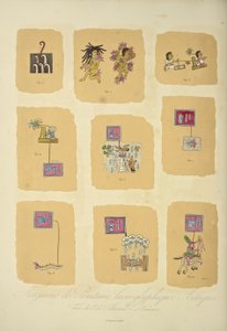 Fragment av aztekiska hieroglyfmålningar, från Codex Telleriano-Remensis, illustration från "Views of the Cordilleras and Monuments of the Indigenous Peoples of America" ​​av Alexander von Humboldt och Aime Bonpland
