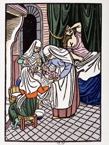Födande kvinna - i "" Frenes och Galerans kärlekar berättade efter Jean Renard, fynd från 1100-talet, bearbetad av André Mary", ill. av trästick av Louis Bouquet, ed. Jonquieres, Paris