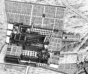 Sjukhuset La Salpêtrière, detalj från Parisplanen, känd som Plan de Turgot, graverad av Claude Lucas, 1734-39, gravyrdetalj av 233535