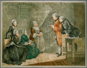 La malheureuse famille Calas - Änkan och barnen Calaslyssnar i Conciergerie-fängelset på upphävandet av domen mot fadern ... av Louis Carrogis