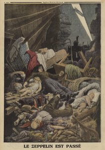 Familj dödades i ett bombräd av en tysk zeppelinare, första världskriget, 1916 (färg litho) av Louis Charles (after) Bombled