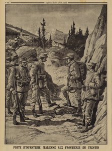 Italiensk infanteripost på gränsen till Trentino, första världskriget av Louis Charles (after) Bombled