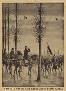 Kung Albert I och drottning Elisabeth av belgarna granskar sin nya armé, första världskriget av Louis Charles (after) Bombled