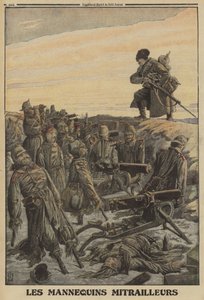 Rysk soldat som upptäcker en tysk skyttegrav med maskingevär bemannad av dummysoldater; första världskriget av Louis Charles (after) Bombled
