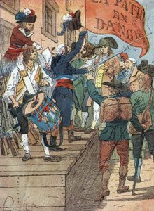 Franska revolutionens krig: frivilliga värvningar efter Frankrikes nederlag i kriget mellan det revolutionära Frankrike och kontrarevolutionära monarkierna, den franska församlingen proklamerar faran för hemlandet, 22 juli 1792) Illustration av Louis Charl av Louis Charles Bombled