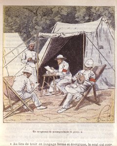 Franska krigskorrespondenter i Madagaskar vid tiden för dess annektering av Frankrike 1895-96 (färg litho) av Louis Charles Bombled