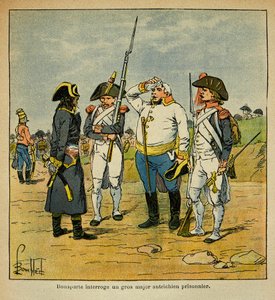 Illustration av Bombled Louis (1862-1927) från greve Emmanuel de Las Cases (1766-1842): Under den italienska kampanjen förhör Bonaparte en österrikisk fångeofficer, privat samling av Louis Charles Bombled