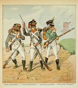 Illustration av Bombled Louis (1862-1927) från boken "The Memorial of Saint Helene" av greve Emmanuel de Las Cases (1766-1842): The Young Guard of 1806: värnpliktig grenadjär; skyttegrenadjär och flankerjägare, Privat samling av Louis Charles Bombled