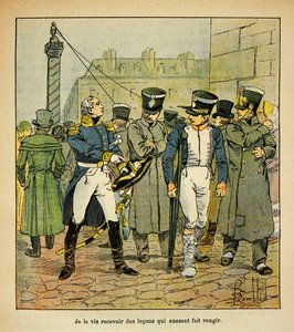 Illustration av Bombled Louis (1862-1927) från boken "The Memorial of Saint Helene" av greve Emmanuel de Las Cases (1766-1842): En före detta officer från Napoleon, under restaurering, uppmanar tidigare värnpliktiga att avvisa den kejserliga regimen, Samli av Louis Charles Bombled