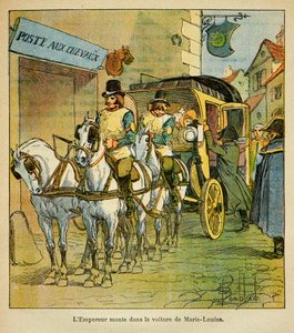 Illustration av Bombled Louis (1862-1927) från boken "The Memorial of Saint Helene" av greve Emmanuel de Las Cases (1766-1842): Kejsar Napoleon åker i bilen för att träffa sin fru Marie Louise 1810, privat samling av Louis Charles Bombled