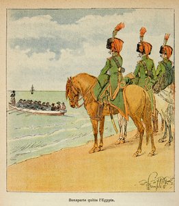 Illustration av Bombled Louis (1862-1927) från boken "The Memorial of Saint Helene" av greve Emmanuel de Las Cases (1766-1842): Bonaparte lämnade Egypten den 23 augusti 1799, privat samling av Louis Charles Bombled