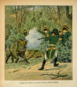 Illustration av Bombled Louis (1862-1927) från boken "The Memorial of Saint Helene" av greve Emmanuel de Las Cases (1766-1842): Kejsar Napoleon jagar galten i skogen Marly, privat samling av Louis Charles Bombled