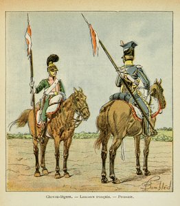 Illustration av Bombled Louis (1862-1927) från boken "The Memorial of Saint Helene" av greve Emmanuel de Las Cases (1766-1842): Light Horses of the Guard: French and Polish Lancier, Private Collection av Louis Charles Bombled
