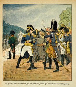 Illustration av Bombled Louis (1862-1927) från boken "The Memorial of Saint Helene" av greve Emmanuel de Las Cases (1766-1842): General Rapp arresterade, av en gendarme, de unga Stabs, som ville mörda kejsar Napoleon, Samling partiell av Louis Charles Bombled