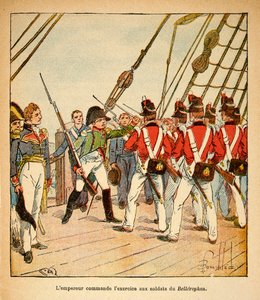 Illustration av Bombled Louis (1862-1927) från boken "The Memorial of Saint Helene" av greve Emmanuel de Las Cases (1766-1842): Kejsar Napoleon befaller övningen för de engelska soldaterna ombord på Bellerophon, privatsamling av Louis Charles Bombled