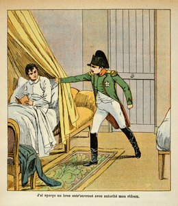 Illustration av Bombled Louis (1862-1927) från boken "The Memorial of Saint Helene" av greve Emmanuel de Las Cases (1766-1842): Napoleon väcker Las Cases i sängen på St. Helene, privat samling av Louis Charles Bombled