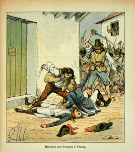 Illustration av Bombled Louis (1862-1927) från boken "The Memorial of Saint Helene" av greve Emmanuel de Las Cases (1766-1842): Massaker på franska soldater i Verona, privat samling. av Louis Charles Bombled