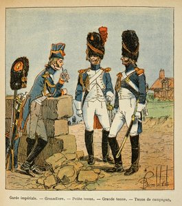 Illustration av Bombled Louis (1862-1927) från boken "The Memorial of Saint Helene" av greve Emmanuel de Las Cases (1766-1842): Kejserliga gardets grenadjärer: Liten outfit; stor outfit och country outfit, Privat samling av Louis Charles Bombled