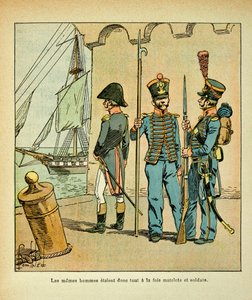 Illustration av Bombled Louis (1862-1927) från boken "The Memorial of Saint Helene" av greve Emmanuel de Las Cases (1766-1842): Fransk sjöman och soldat, privat samling av Louis Charles Bombled
