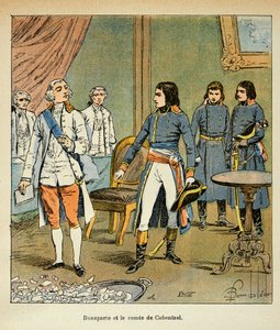 Illustration av Bombled Louis (1862-1927) från boken "The Memorial of St. Helene" av greve Emmanuel de Las Cases (1766-1842): Intervju mellan Bonaparte och greve Louis Cobenzl, Österrikes kansler under handeln med Campo Formio, Privat samling av Louis Charles Bombled