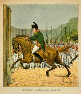 Illustration av Bombled Louis (1862-1927) från boken "The Memorial of St. Helene" av greve Emmanuel de Las Cases (1766-1842): Kejsar Napoleon tvingar sin häst att gå in i Longwood vid St. Helene, privat samling av Louis Charles Bombled