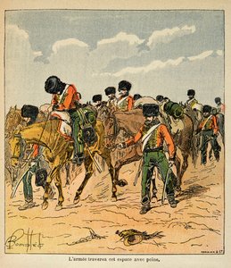 Illustration av Bombled Louis (1862-1927) från boken "The Memorial of St. Helene" av greve Emmanuel de Las Cases (1766-1842): Den kejserliga armén korsar med svårighet de ryska slätterna före Moskva, privat samling av Louis Charles Bombled