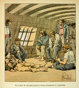 Illustration af Bombled Louis (1862-1927) fra bogen "The memorial se Sainte Helene" af Grev Emmanuel de Las Cases (1766-1842): Franske fanger på de engelske pontoner, Private collectionswed av Louis Charles Bombled