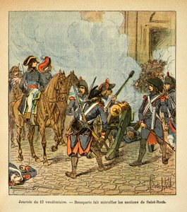 Illustration av Bombled Louis (1862-1927) från boken "The memorial se Sainte Helene" av greve Emmanuel de Las Cases (1766-1842): Fredag den 13:e dagen, Bonaparte låter Saint Rochs sektioner skjuta med en kanon, privat samling. av Louis Charles Bombled