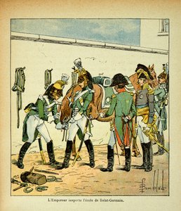 Illustration av Bombled Louis (1862-1927) från boken "The memorial se Sainte Helene" av greve Emmanuel de Las Cases (1766-1842): Kejsar Napoleon inspekterar skolan i Saint Germain, privat samling. av Louis Charles Bombled