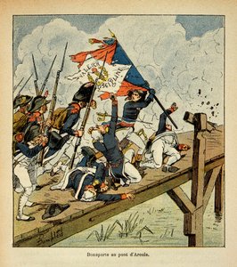 Illustration av Bombled Louis (1862-1927) från boken "The memorial se Sainte Helene" av greve Emmanuel de Las Cases (1766-1842): Bonaparte vid bron av Arcole, privat samling av Louis Charles Bombled