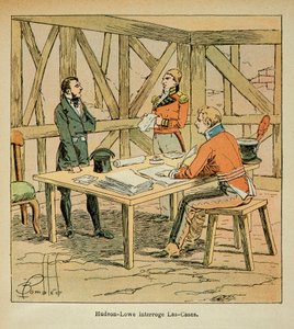 Illustration av bombade Louis (1862-1927) från greve Emmanuel de Las Cases (1766-1842): Guvernör Hudson Lowe (1769-1844) ifrågasätter Las Cases, privat samling av Louis Charles Bombled