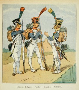 Illustration av bombade Louis (1862-1927) från boken "The Memorial of Saint Helene" av greve Emmanuel de Las Cases (1766-1842): Armee Francaise: Linjeinfanteri: fusilier, grenadier och voltiger, Privat samling av Louis Charles Bombled