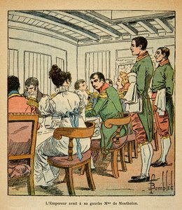 Illustration av den bombade Louis (1862-1927) från boken "The Memorial of Saint Helene" av greve Emmanuel de Las Cases (1766-1842): Middag av kejsar Napoleon ombord på Northumberland på väg till St. Helene, med Mrs. De Montholon till vänster om henne, meni av Louis Charles Bombled