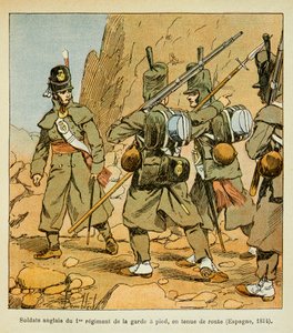 Illustration av bombade Louis (1862-1927) från boken "The Memorial of Saint Helene" av greve Emmanuel de Las Cases (1766-1842): Engelska soldater från 1:a gardets regemente i ett vägställ (Spanien 1814), privat samling av Louis Charles Bombled