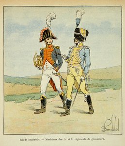 Illustration av Bombled Louis (1862-1927) från boken "The Memorial of Saint Helene" av greve Emmanuel de Las Cases (1766-1842): Kejsargardet: Musiker från 1:a och 2:a grenadjärregementet, privat samling. av Louis Charles Bombled