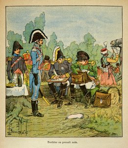 Illustration av den bombade Louis (1862-1927) från boken "The Memorial of Saint Helene" av greve Emmanuel de Las Cases (1766-1842): Marechalen Louis Alexandre Berthier (1753-1815) noterar Napoleons order, Collection Partial av Louis Charles Bombled