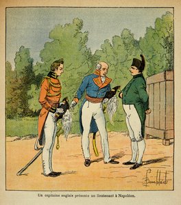 Illustration av Bombled Louis (1862-1927) från boken "The Memorial of Saint Helene" av greve Emmanuel de Las Cases (1766-1842): En engelsk kapten överlämnar en löjtnant till kejsar Napoleon till Helene, privat samling. av Louis Charles Bombled