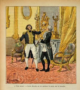 Illustration av bombade Louis (1862-1927) från boken "The Memorial of Saint Helene" av greve Emmanuel de Las Cases (1766-1842): Talleyrand (1754-1838) vänd mot Denis Decres (1761-1820) Privat samling av Louis Charles Bombled