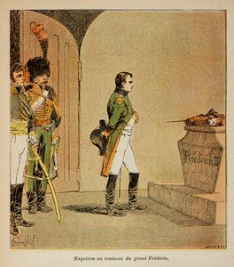 Illustration av den bombade Louis (1862-1927) från boken "The Memorial of St. Helene" av greve Emmanuel de Las Cases (1766-1842): Napoleon mediterar på Fredrik II av Preussens kista i kryptan i GarnisonKirche i Potsdam i 1806, Privata Collecti av Louis Charles Bombled