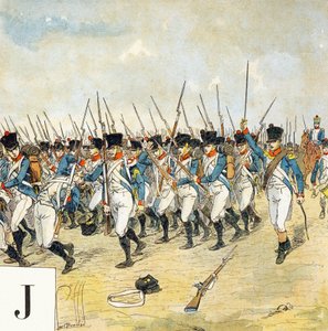 Bokstav J: Ung vakt, "Je serai soldat" (Jag kommer att vara en soldat) - Militärt alfabet av Louis Charles Bombled