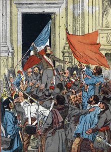 Tillkännagivande av den andra republiken, revolutionen 1848: Alphonse de Lamartine (1790-1869), vägrade den röda flaggan som republikens emblem och föredrar den trefärgad flagga, under ett tal i stadshuset i Paris, 25 februari