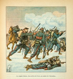 The Armee of the Loire av Eugene Sergeant, känd som Grenest, illustrerad av Louis Bombled (1862-1927) (Frankisk-tyska kriget; kampanj 1870 -1871): Sergeant Ramus från mobilen i Isere i slaget den 7 december av Louis Charles Bombled