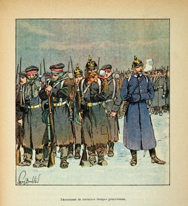 The Armee of the Loire av Eugene Sergent, känd som Grenest, illustrerad av Louis Bombled (1862-1927) (fransk-tyska kriget; kampanj 1870 -1871): Denuering av några preussiska trupper 1870, privat samling av Louis Charles Bombled