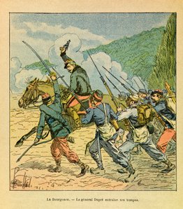 The Eastern Armee of Eugene Sergeant, dit Grenest, illustrerad av Louis Bombled (1862-1927) (fransk-tyska kriget; kampanj 1870-1871): General Dupre har chefen för sina män i slaget vid La Bourgonce i oktober 1870, Privat samling av Louis Charles Bombled