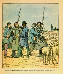 The Eastern Armee of Eugene Sergeant, dit Grenest, illustrerad av Louis Bombled (1862-1927) (fransk-tyska kriget; kampanj 1870 -1871): Martin-mobilen, förklädd till en bonde, grep en fårhjord ledd av två preussar till Langres i november 1870, Priv av Louis Charles Bombled
