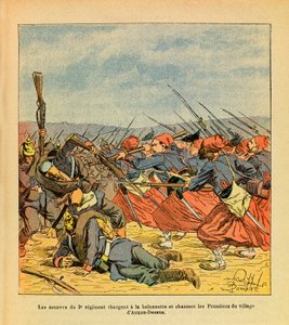 The Eastern Armee of Eugene Sergeant, dit Grenest, illustrerad av Louis Bombled (1862-1927) (fransk-tyska kriget; kampanj 1870-1871): Zouaverna från 3:e regementet laddar en baionett och driver ut preussarna från byn Auxon-Dessus under t av Louis Charles Bombled