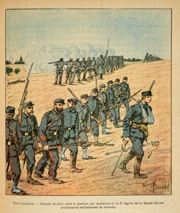 The Eastern Armee of Eugene Sergeant, känd som Grenest, illustrerad av Louis Bombled (1862-1927) (fransk-tyska kriget; kampanj 1870 -1871): I Provencheres tvingades mobiliseringarna av 2:a legionen av Upper Marne att dra sig tillbaka under antalet fiender av Louis Charles Bombled