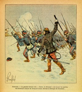The Eastern Armee of Eugene Sergeant, känd som Grenest, illustrerad av Louis Bombled (1862-1927) (fransk-tyska kriget; kampanj 1870 -1871): Januari 1871, Hericourt, ropar general Cremer "Bravo, La Gironde" när han ser överstelöjtnantens motiv av Louis Charles Bombled